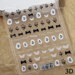 Dreamy White Lace Bowknot Purple Pink Gradual Tulip Flower Butterfly Garden Relief Adhesive Nail Art Stickers Manicure Decals (Online Order Only)