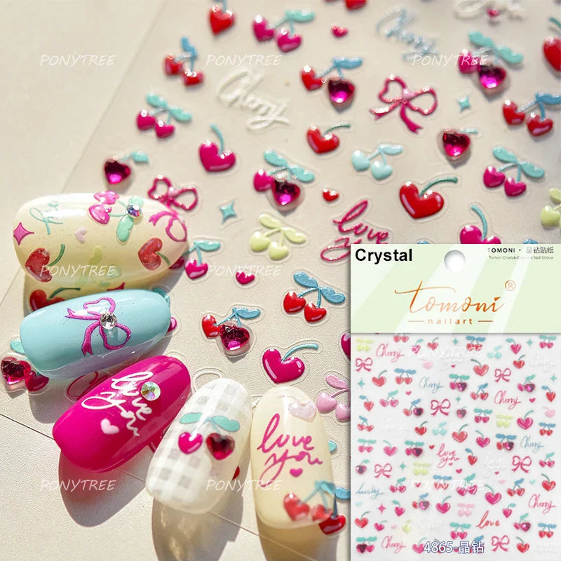 Lovely Green Pink Cherry Pudding Claw Paw Love Heart Bowknot Soft Embossed Reliefs Adhesive Nail Art Stickers Manicure Decals (ONLINE ORDER ONLY)