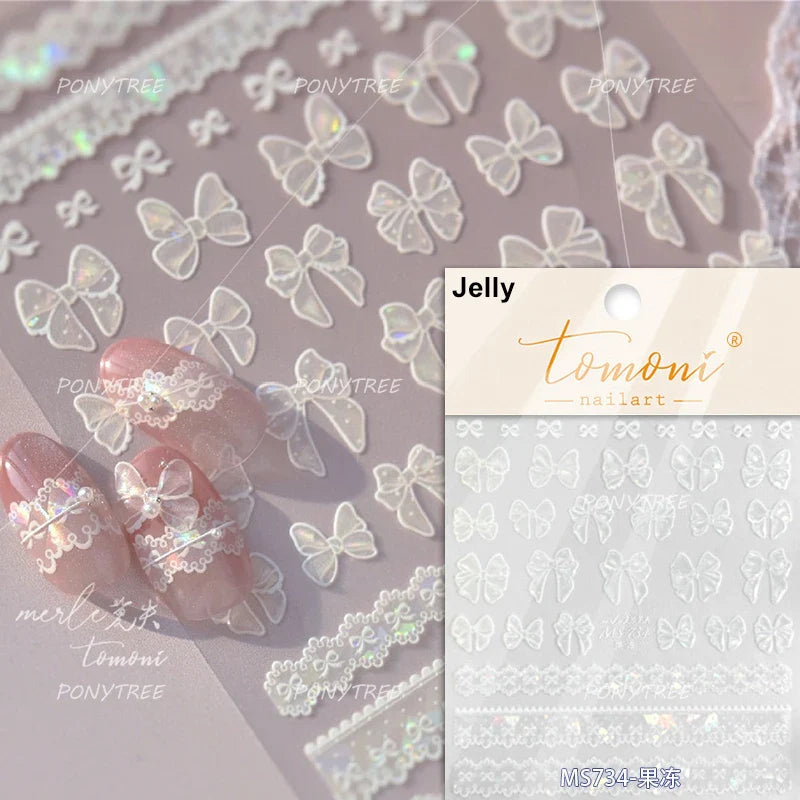 Retro White Lace Bandage Line Bowknot Irregular Fabric Cording Square Calligraphy Adhesive Nail Art Sticker 3D Manicure Decals (ONLINE ORDER ONLY)