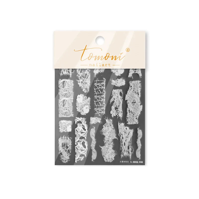 Retro White Lace Fabric Piece Bowknot English Letter Decorative Border Irregular Cloth Block Adhesive Nail Art Stickers Decals (ONLINE ORDER ONLY)