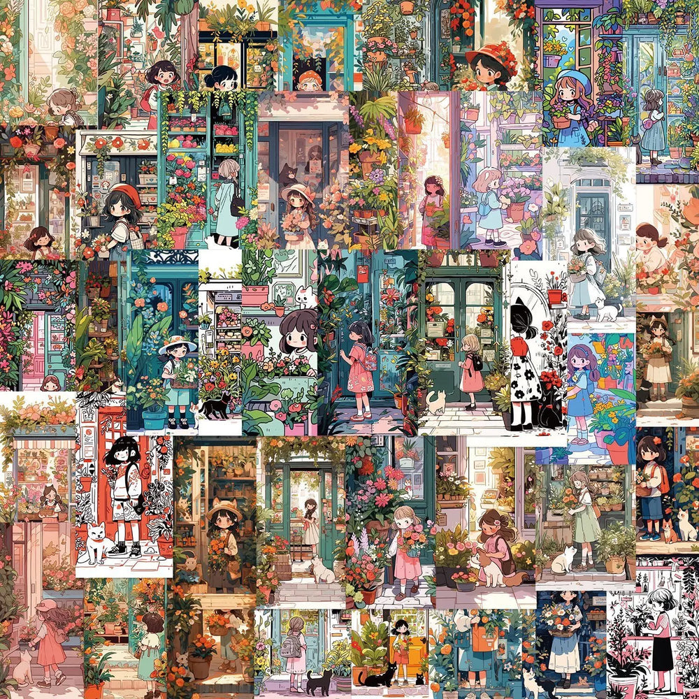 10/50pcs Retro Cute Flowers Store Cat Girl Stickers Aesthetic Art Graffiti Decals Scrapbooking Notebook Luggage Car Sticker Toy (Online Order Only)