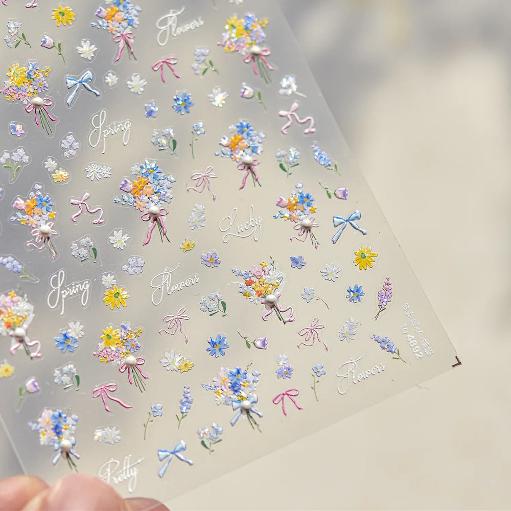 Cute Spring Flowers Purple Blue White Bowknot Rose Garden Daisy 5D Soft Embossed Relief Adhesive Nail Art Sticker Manicure Decal (ONLINE ORDER ONLY)