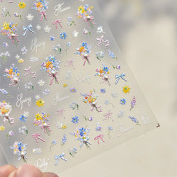 Cute Spring Flowers Purple Blue White Bowknot Rose Garden Daisy 5D Soft Embossed Relief Adhesive Nail Art Sticker Manicure Decal (ONLINE ORDER ONLY)