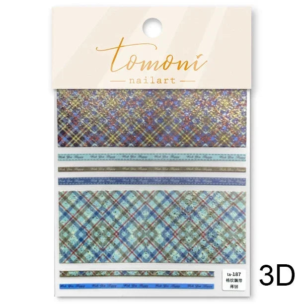 French Style Colorful Square Grid Rhombus Stripe Bowknot Line 3D Self Adhesive Nail Art Stickers Shiny Rhinestone Manicure Decal (Online Order Only)