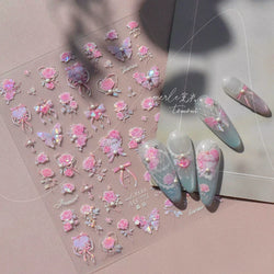 Pink Rose Flower Rambler Heart Bowknot Butterfly Shiny Soft Relief Adhesive Nail Art Stickers Romantic Spring 3D Manicure Decals (ONLINE ORDER ONLY)