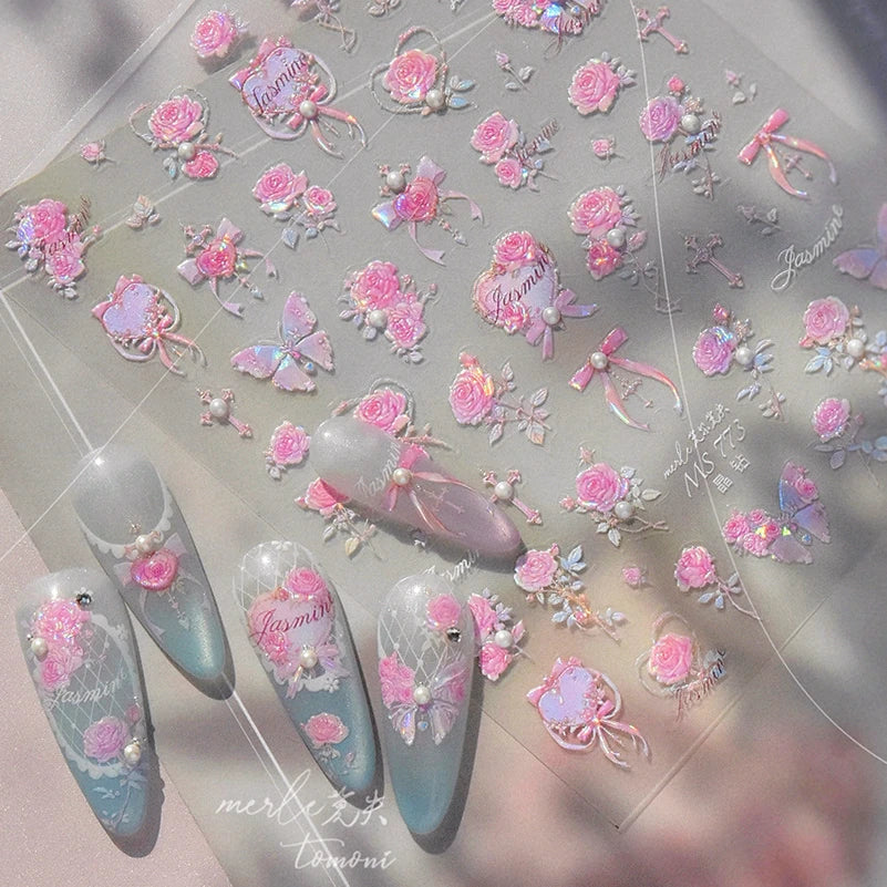 Pink Rose Flower Rambler Heart Bowknot Butterfly Shiny Soft Relief Adhesive Nail Art Stickers Romantic Spring 3D Manicure Decals (ONLINE ORDER ONLY)