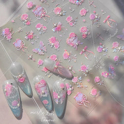 Pink Rose Flower Rambler Heart Bowknot Butterfly Shiny Soft Relief Adhesive Nail Art Stickers Romantic Spring 3D Manicure Decals (ONLINE ORDER ONLY)