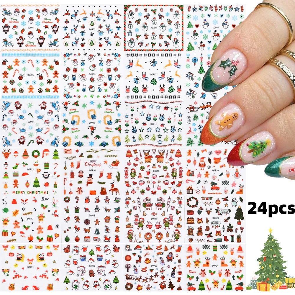 30Sheet 3D Glitter Christmas Nail Art Stickers Santa Claus Snowflake Elk Christmas Tree Design Nail Decals Cartoon Nail Supplies (Online Order Only)