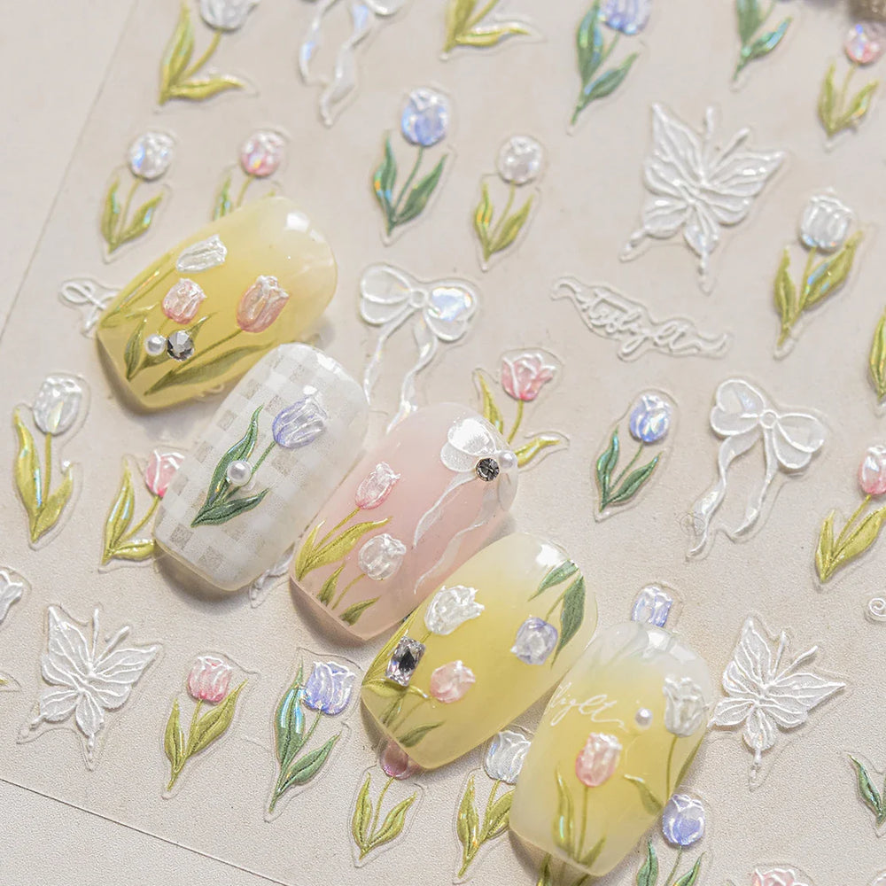 Dreamy White Lace Bowknot Purple Pink Gradual Tulip Flower Butterfly Garden Relief Adhesive Nail Art Stickers Manicure Decals (Online Order Only)