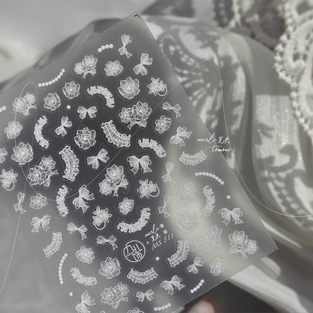 Cute 3D White Rose Flower Lace Bud Silk Bowknot Butterfly Dreamy Shiny Relief Chic Self Adhesive Nail Art Sticker Manicure Decal (ONLINE ORDER ONLY)