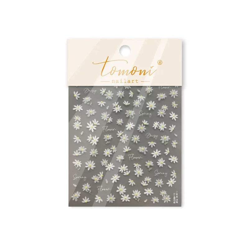 Cute Beige Yellow Pristine Fresh Daisy Flower 5D Shiny Soft Embossed Relief Charm Self Adhesive Nail Art Stickers Manicure Decal (ONLINE ORDER ONLY)