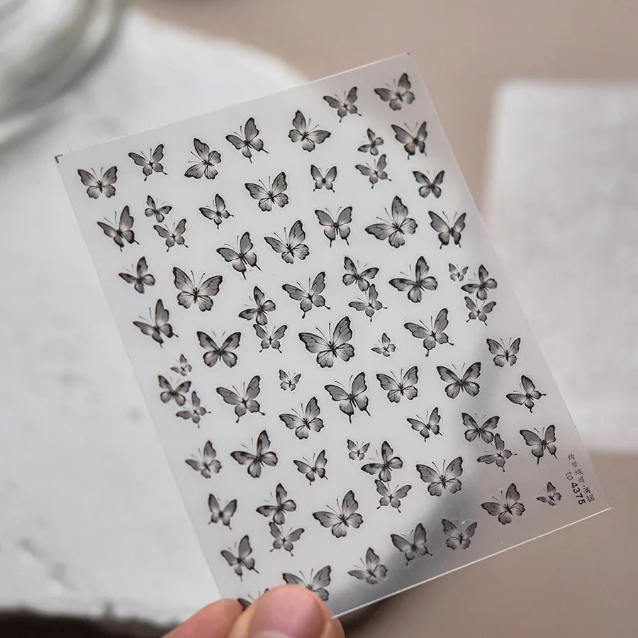 Charming Beautiful Black White Small Butterfly Flower Petal Love Heart Bowknot 5D Self Adhesive Nail Art Sticker Manicure Decals (Online Order Only)