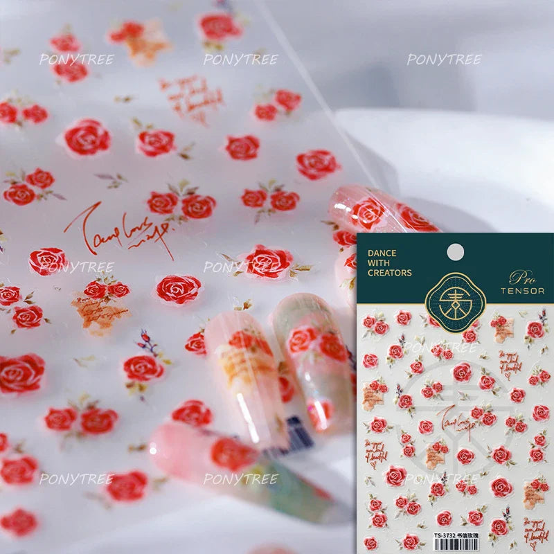 Retro Chinese Characters Charming Rich Peony Delicate Rose Flowers Soft Relief Adhesive Nail Art Stickers Chic Manicure Decals (ONLINE ORDER ONLY)
