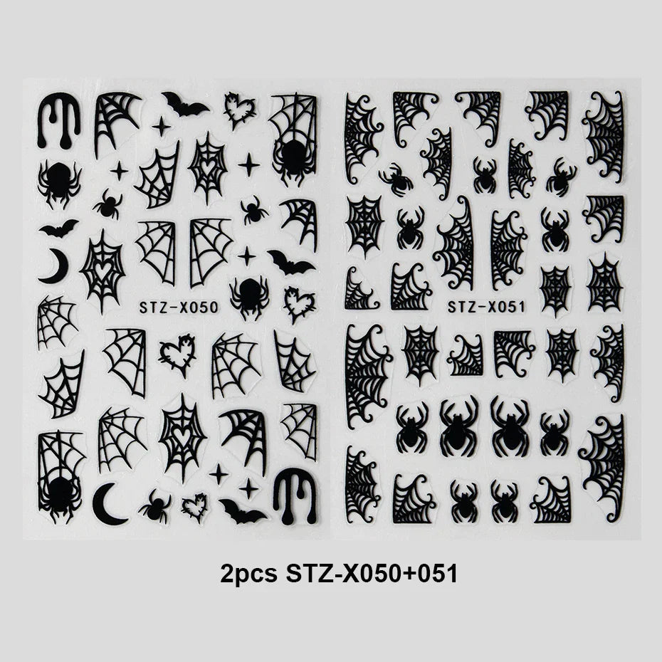 2 or 4pcs Halloween Nail Art Stickers Heart Spider Webs Designs Bat Moon Star Sliders Self-Adhesive Decals For Festive Manicure (ONLINE ORDER ONLY)