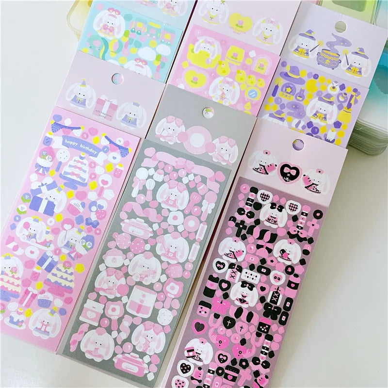 6/8pcs Kawaii Ribbon Rabbit Decorative Sticker Set Girls Scrapbooking Idol Card DIY Diary Album Collage Material Korean Stickers (ONLINE ORDER ONLY)