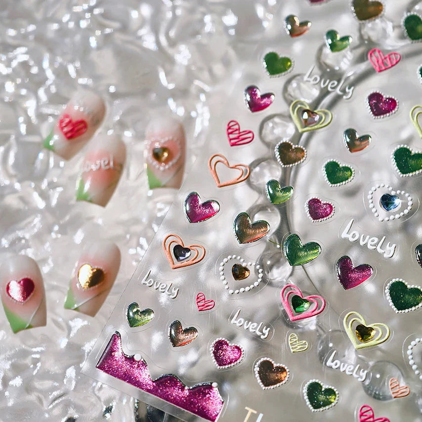 Lovely Love Heart Graffiti Crystal Geometric Cat's Eye Macaron Color Hollow Out Self Adhesive Nail Art StickersManicure Decals (ONLINE ORDER ONLY)