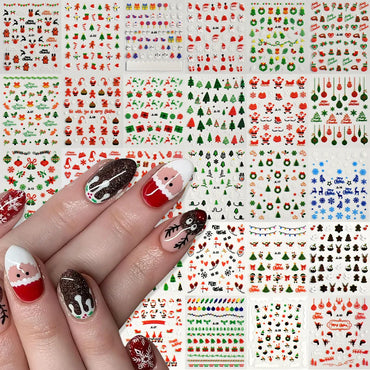 30Sheet 3D Glitter Christmas Nail Art Stickers Santa Claus Snowflake Elk Christmas Tree Design Nail Decals Cartoon Nail Supplies (Online Order Only)