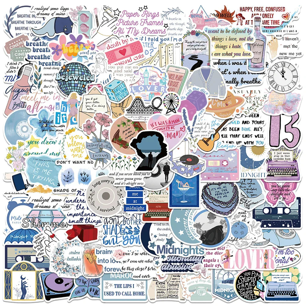 50/100pcs Aesthetic Cartoon Famous Singer Taylor Album Swift Lyric Stickers For Luggage Laptop Guitar Waterproof Vinyl Decals (ONLINE ORDER ONLY)