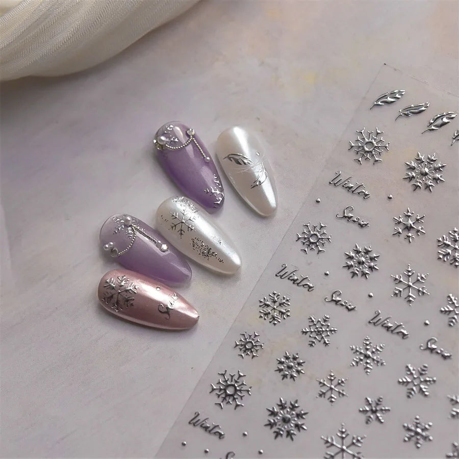 Hot Stamping Romantic White Gold Snowflakes Hexagon Winter 3D Self Adhesive Nail Art Stickers Shiny Rhinestone Manicure Decals (Online Order Only)