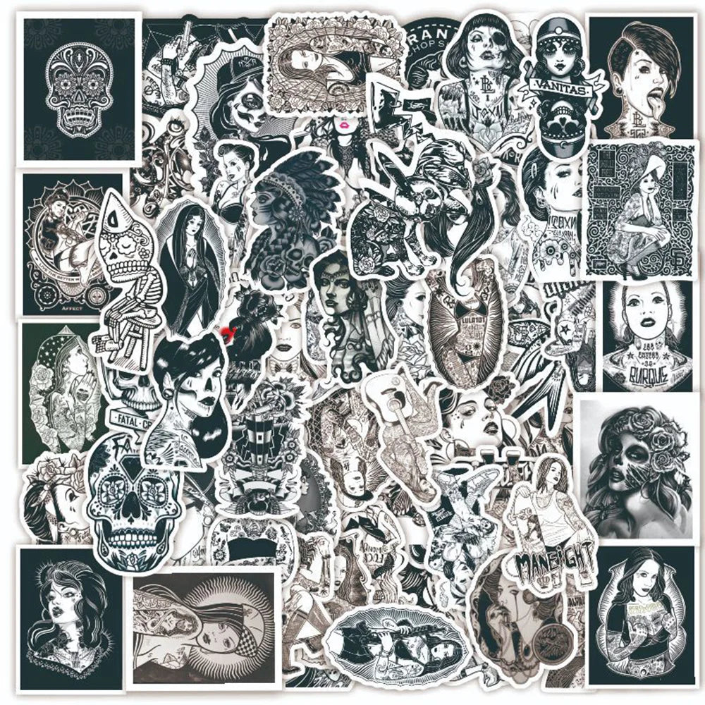 Black White Tattoo Girl Stickers for Phone Laptop Luggage Skateboard Decals 10/30/68PCS (ONLINE ORDER ONLY)