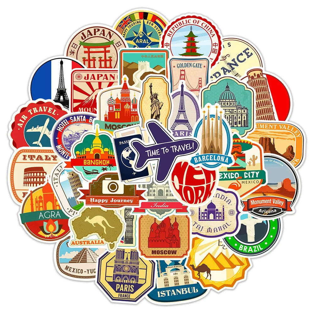 Vintage Travel Map Stickers Set: Laptop, Luggage, Skateboard Decals (ONLINE ORDER ONLY)