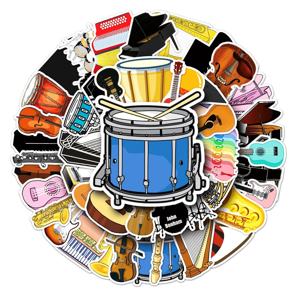 50Pcs Musical Instrument Cartoon Waterproof Vinyl Stickers for Skateboard Snowboard (Online Order Only)