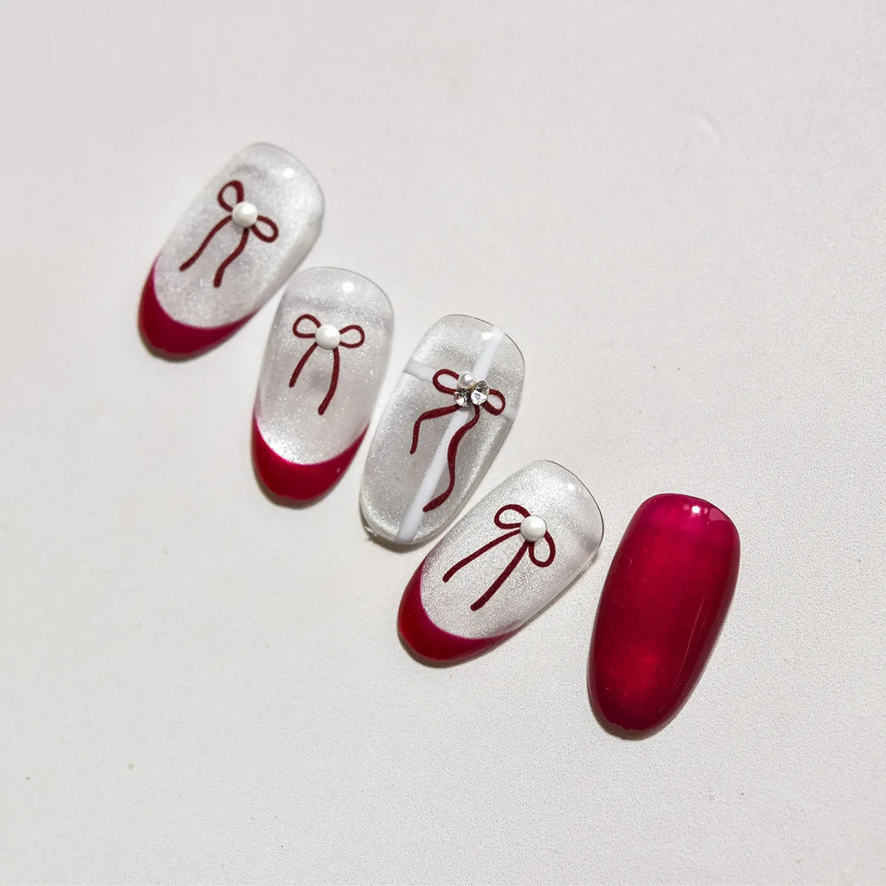 Chic Red Bowknot Silk Ribbon Pearl Elegant Line Self Adhesive Nail Art Stickers Dressy Rhinestone Manicure Decals Nail Supplies (Online Order Only)