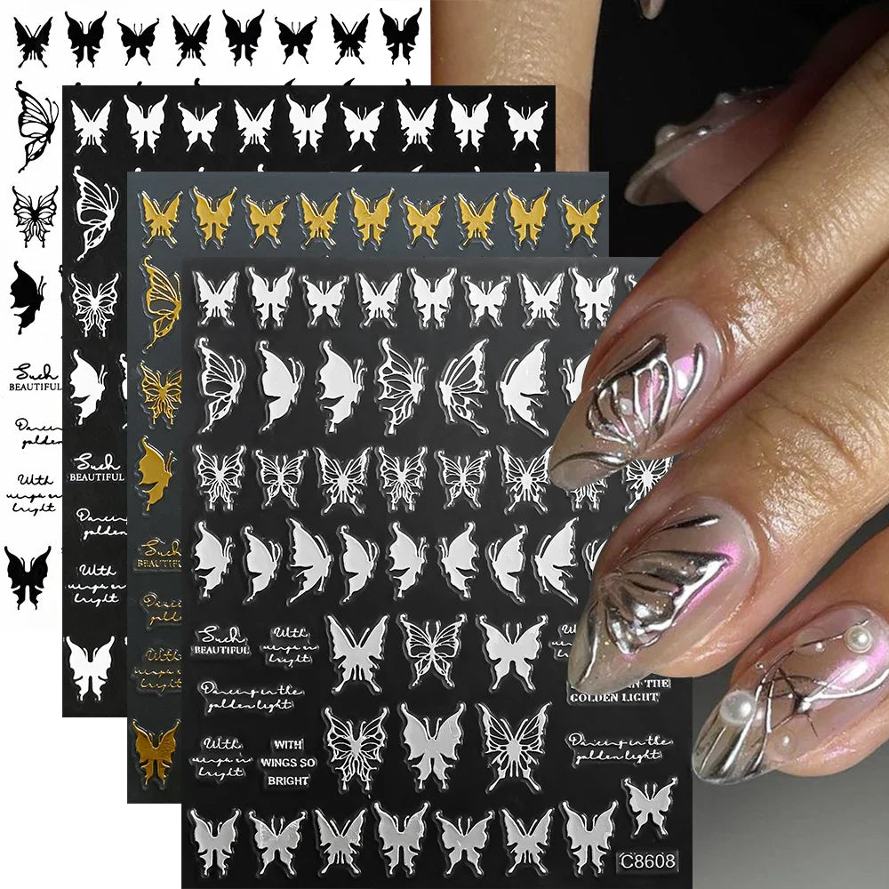 4pcs Elegant Metallic Butterfly Nail Art Stickers Holographic Silvery Chrome Effect Butterfly Sliders for Nails Manicure Decors* (ONLINE ORDER ONLY)