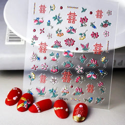 Red Plum Blossom Flower Chinese 3D Self Adhesive Nail Art Decoration Stickers Cheongsam Iris Lily Lotus Vase 5D Manicure Decals (ONLINE ORDER ONLY)