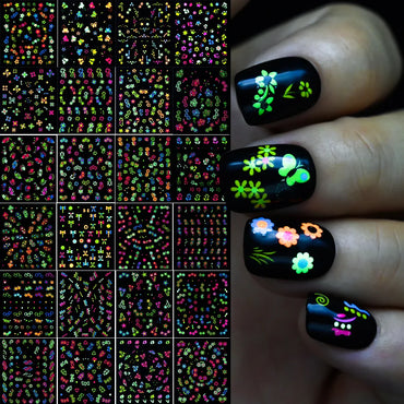24/30pcs 3D Neon Summer Nail Stickers Set Colorful Daisy Flowers Leaves Nail Art Sticker Fluorescence Floral Adhesive Decoration (ONLINE ORDER ONLY)