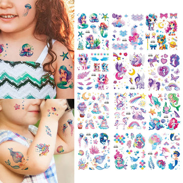 12pcs Kids Unicorn Mermaid Tattoo Colorful Glitter Powder Waterproof Temporary Sticker Cute Cartoon Body Art Arm Fake Tattoos (Online Order Only)