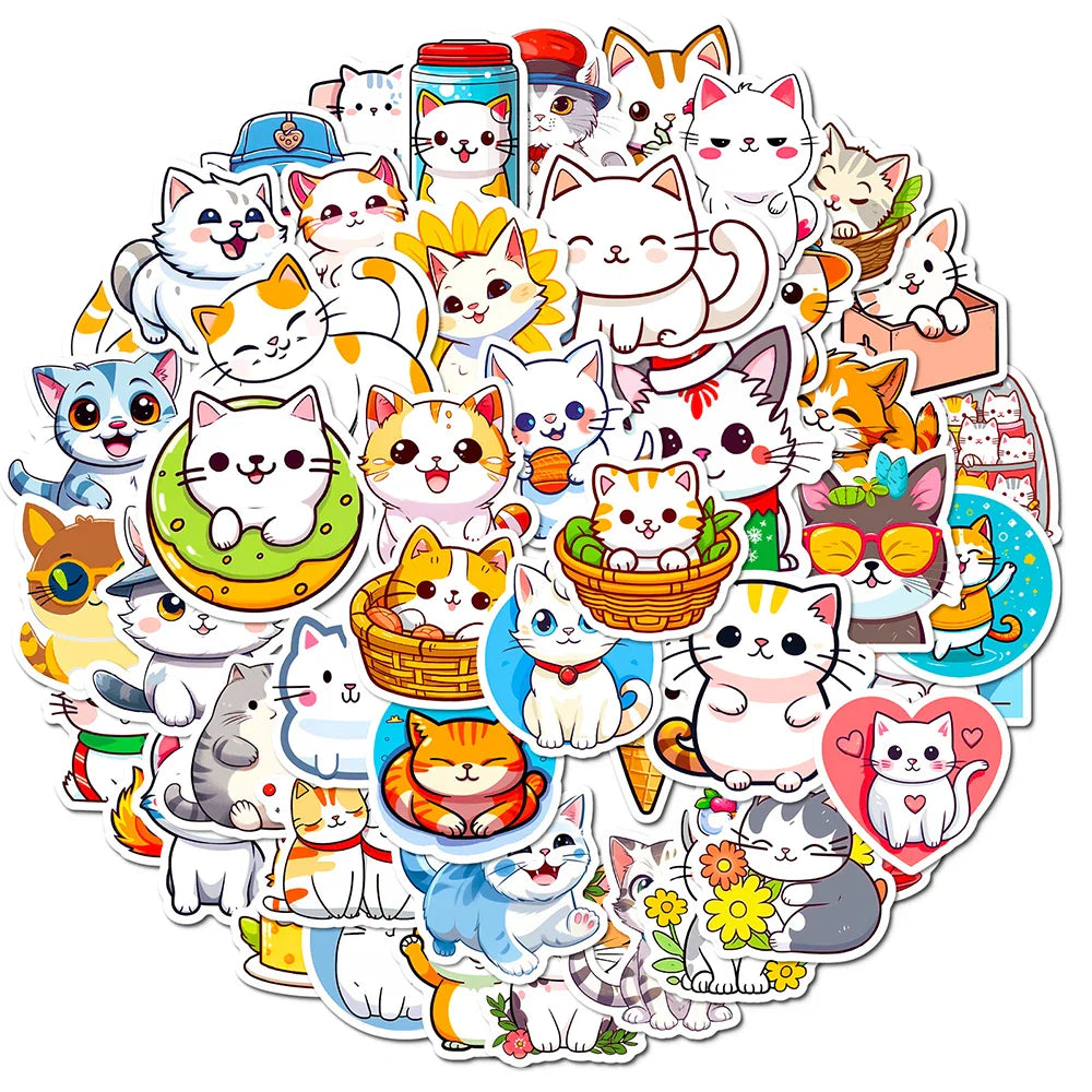 Cute Cat Stickers 10/30/50PCS for Notebook, Fridge, Bike, Phone, Laptop, Luggage, Car - Funny Animal Decals (Online Order Only)