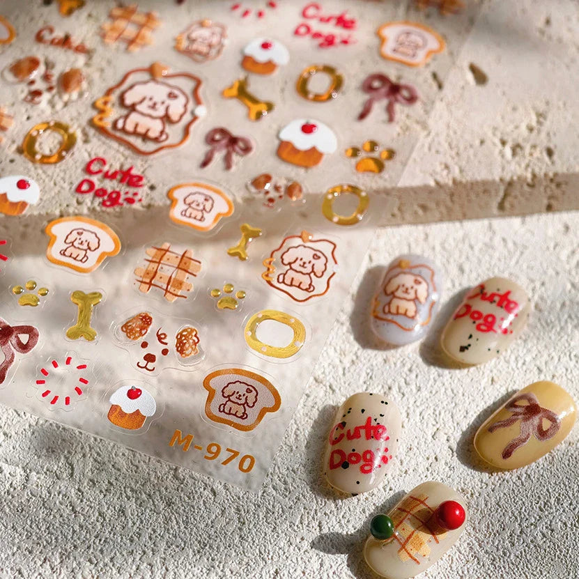 Lovely Dog Bone Bowknot Bread Graffiti Cake Cherry 3D Line Paw Adhesive Nail Art Stickers Cute Cartoon Manicure Decals Wholesale (ONLINE ORDER ONLY)
