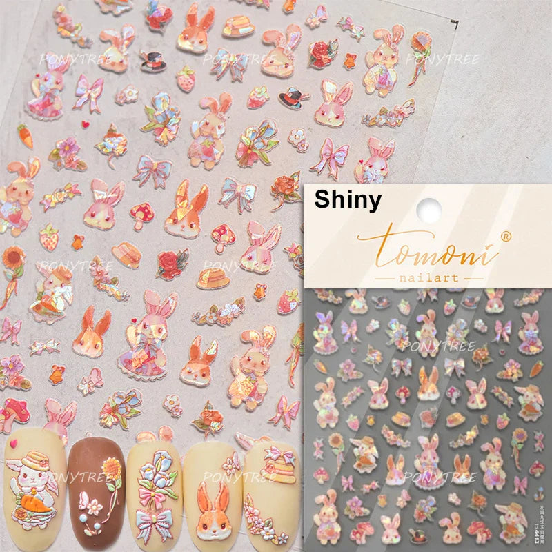 Cream Wind Cat Rabbit Kitten Bunny Bowknot Flower Butterfly Cake Cherry Tulip 5D Self Adhesive Nail Art Stickers Manicure Decals (Online Order Only)