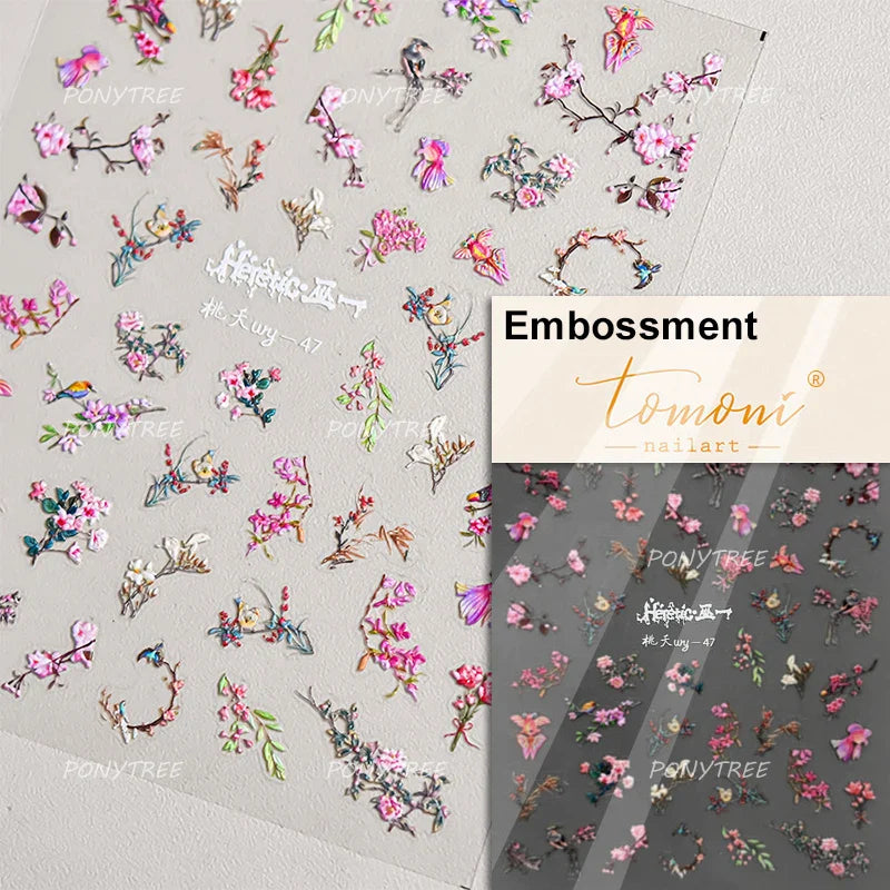 Pink Cherry Blossoms Peach Flower Petal Green Leaf Greenery 5D Embossed Relief Self Adhesive Nail Art Sticker 3D Manicure Decals (ONLINE ORDER ONLY)