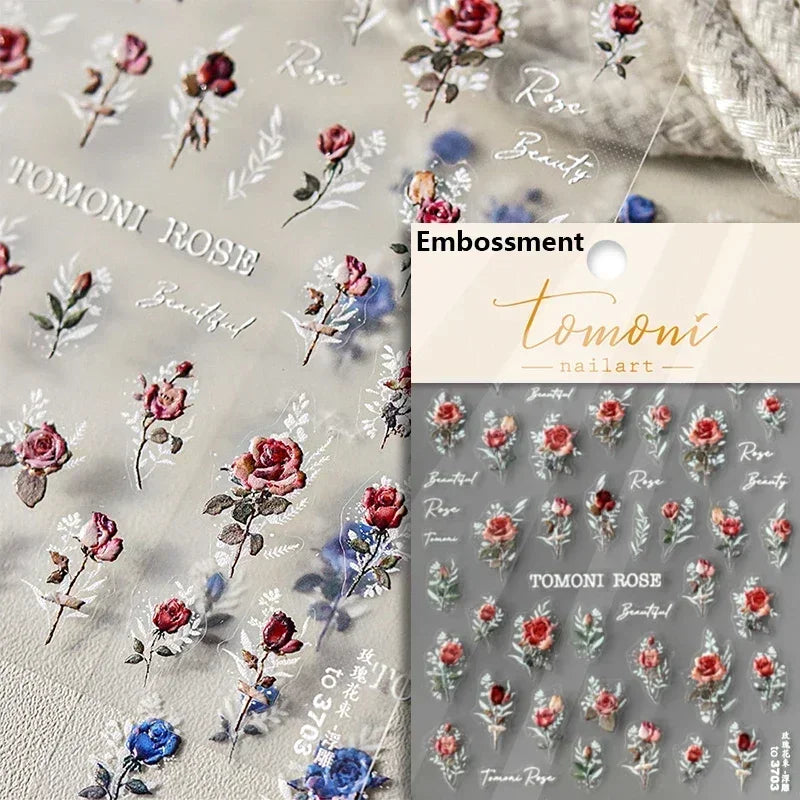 Chic Retro Rose Photo Frame Dried Flower Petal Self Adhesive Nail Art Stickers 5D Hot Stamping Relief Rhinestone Manicure Decals (Online Order Only)