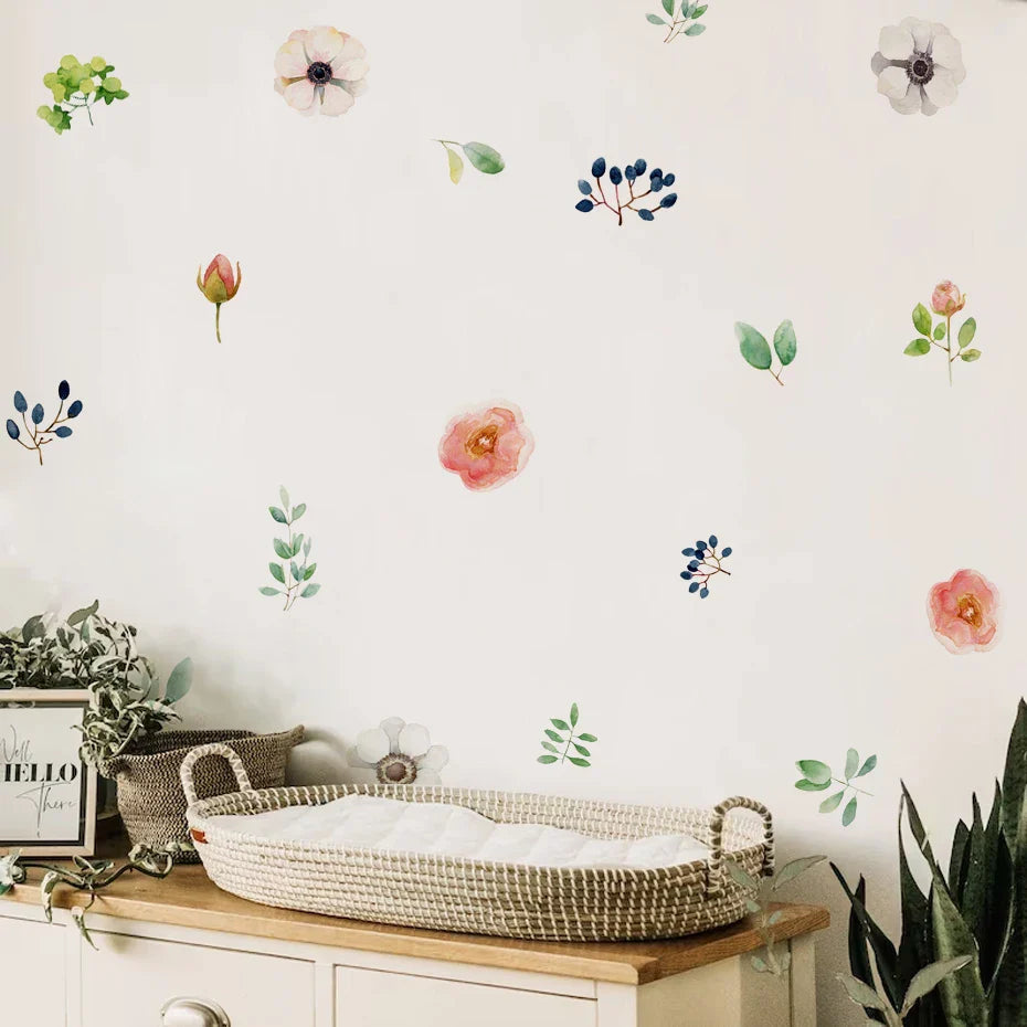 Watercolor Boho Flowers Leaves Wall Stickers Nursery Room Decor Removable Vinyl Decal (Online Order Only)
