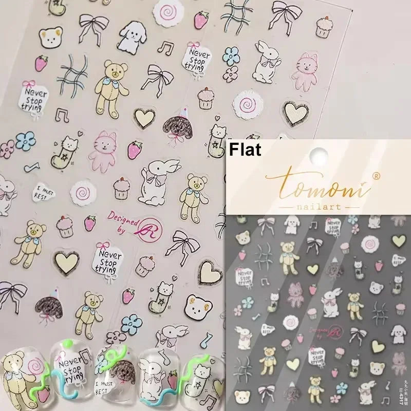 Dog Rabbit Line Bunny Footprint Bowknot Heart Cake Strawberry Flowers Bone Graffiti Adhesive Nail Art Stickers Manicure Decals (ONLINE ORDER ONLY)