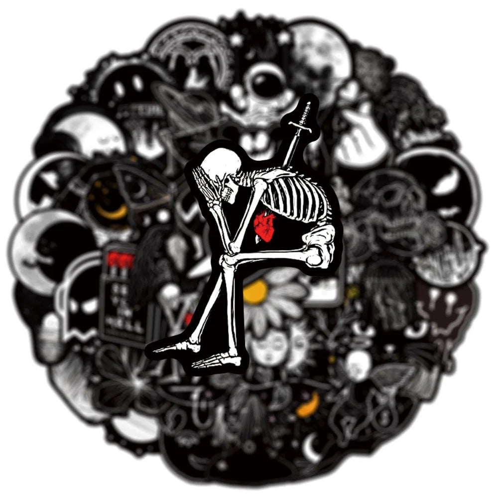 10/50Pcs Black White Gothic Terror Horror Skull Stickers for Laptop Computer Luggage Phone Notebook Vinyl Decal Waterproof (Online Order Only)