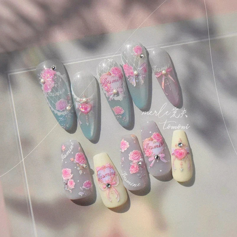 Pink Rose Flower Rambler Heart Bowknot Butterfly Shiny Soft Relief Adhesive Nail Art Stickers Romantic Spring 3D Manicure Decals (ONLINE ORDER ONLY)