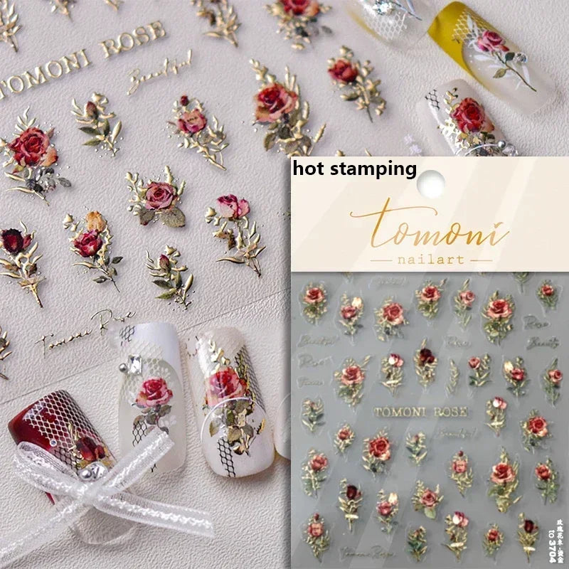 Pale Flower Bouquet Label Bowknot Stationery Sunflower Daisy Leaf 3D Self Adhesive Nail Art Stickers Rhinestone Manicure Decals (Online Order Only)