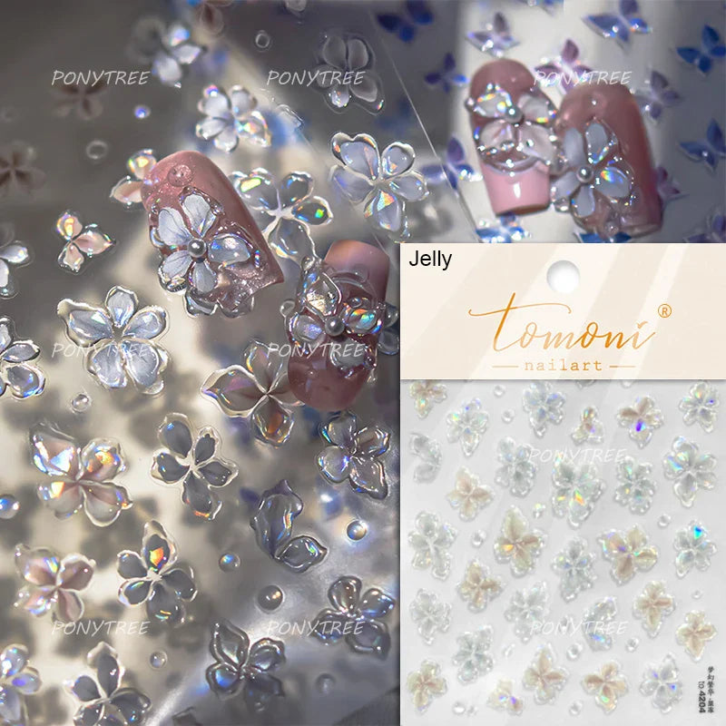 Delicate Chic White Flower Jelly Green Leaves Red Fruits Lily Gardenia Self Adhesive Nail Art Stickers Rhinestone Manicure Decal (Online Order Only)