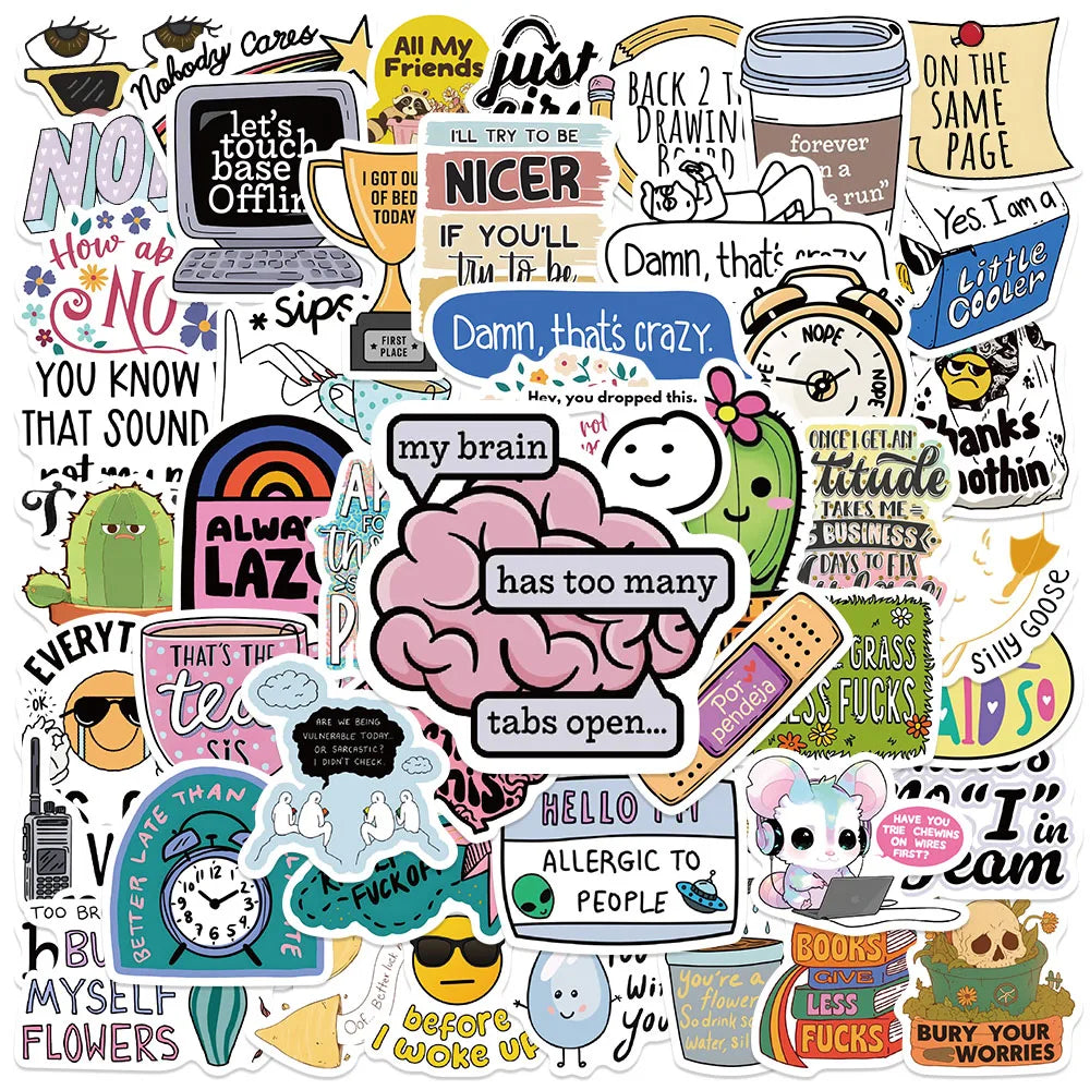 50pcs Funny Cartoon Sarcastic Stickers For Luggage Laptop Guitar Phone Skateboard Waterproof Graffiti Vinyl Bicycle Car Decals (ONLINE ORDER ONLY)