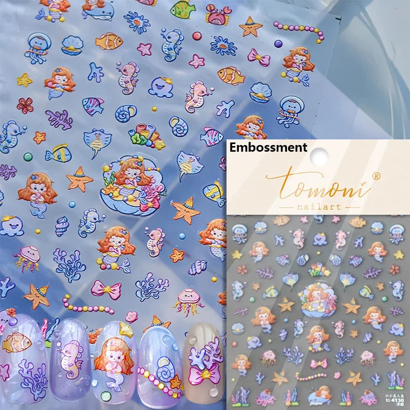 Summer Beach Dreamy Water Bubble Mermaid Shell Conch Starfish Jellyfish Soft Relief Decoration Nail Art Stickers Manicure Decals (ONLINE ORDER ONLY)