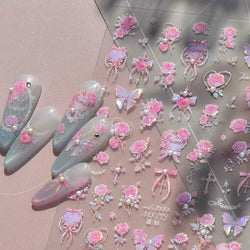 Pink Rose Flower Rambler Heart Bowknot Butterfly Shiny Soft Relief Adhesive Nail Art Stickers Romantic Spring 3D Manicure Decals (ONLINE ORDER ONLY)