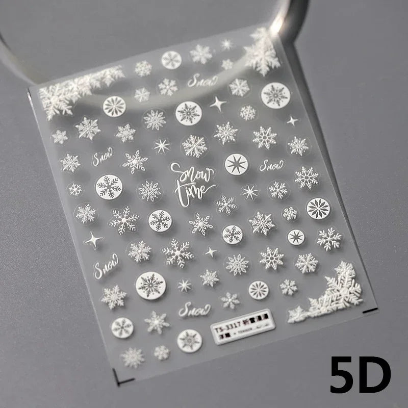 Hot Stamping Romantic White Gold Snowflakes Hexagon Winter 3D Self Adhesive Nail Art Stickers Shiny Rhinestone Manicure Decals (Online Order Only)
