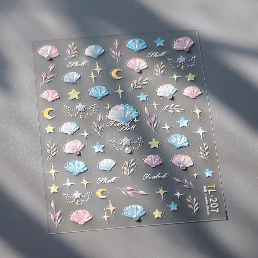 Romantic Pink Blue Shell Sea Grass Star Moon Summer Self Adhesive Nail Art Stickers Leaves Reliefs Manicure Decals Wholesale (ONLINE ORDER ONLY)