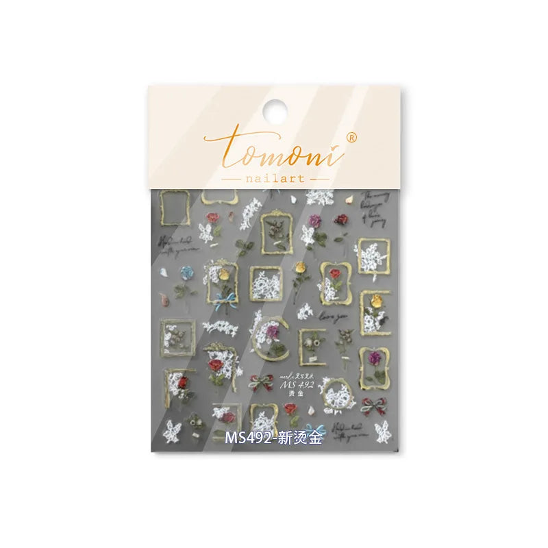 Chic Retro Rose Photo Frame Dried Flower Petal Self Adhesive Nail Art Stickers 5D Hot Stamping Relief Rhinestone Manicure Decals (Online Order Only)
