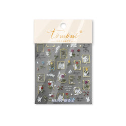 Chic Retro Rose Photo Frame Dried Flower Petal Self Adhesive Nail Art Stickers 5D Hot Stamping Relief Rhinestone Manicure Decals (Online Order Only)