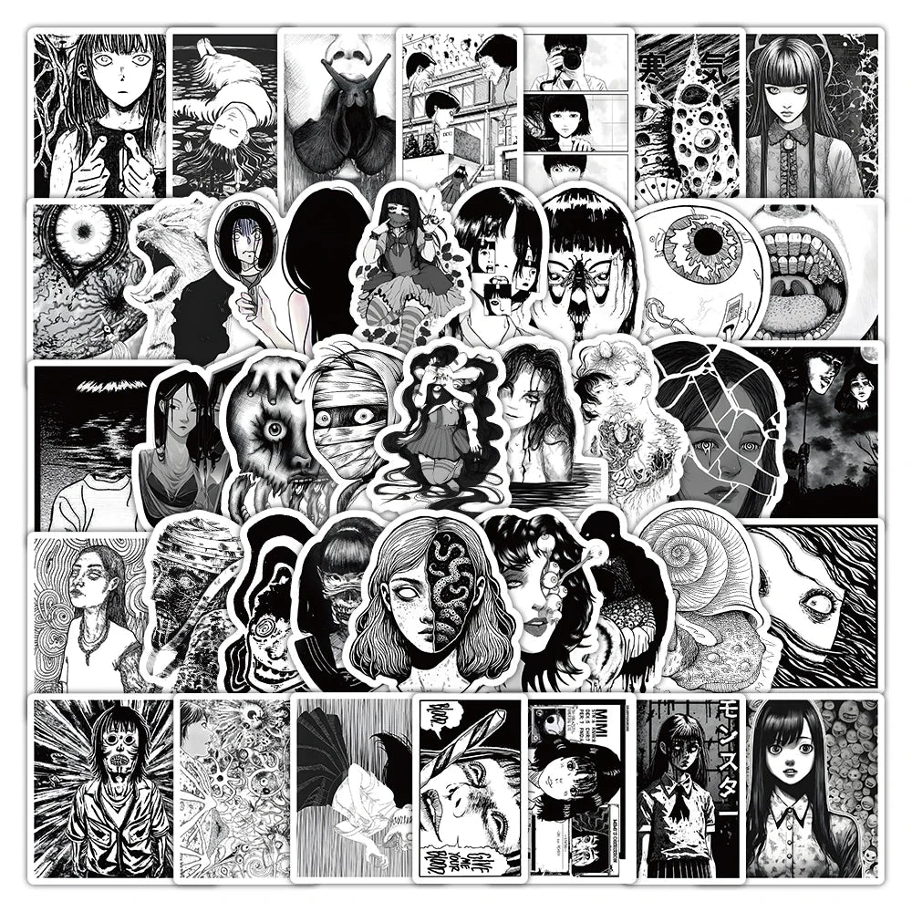 53pcs Black & White Horror Anime Stickers for Wall Decoration with Storage Box (Online Order Only)